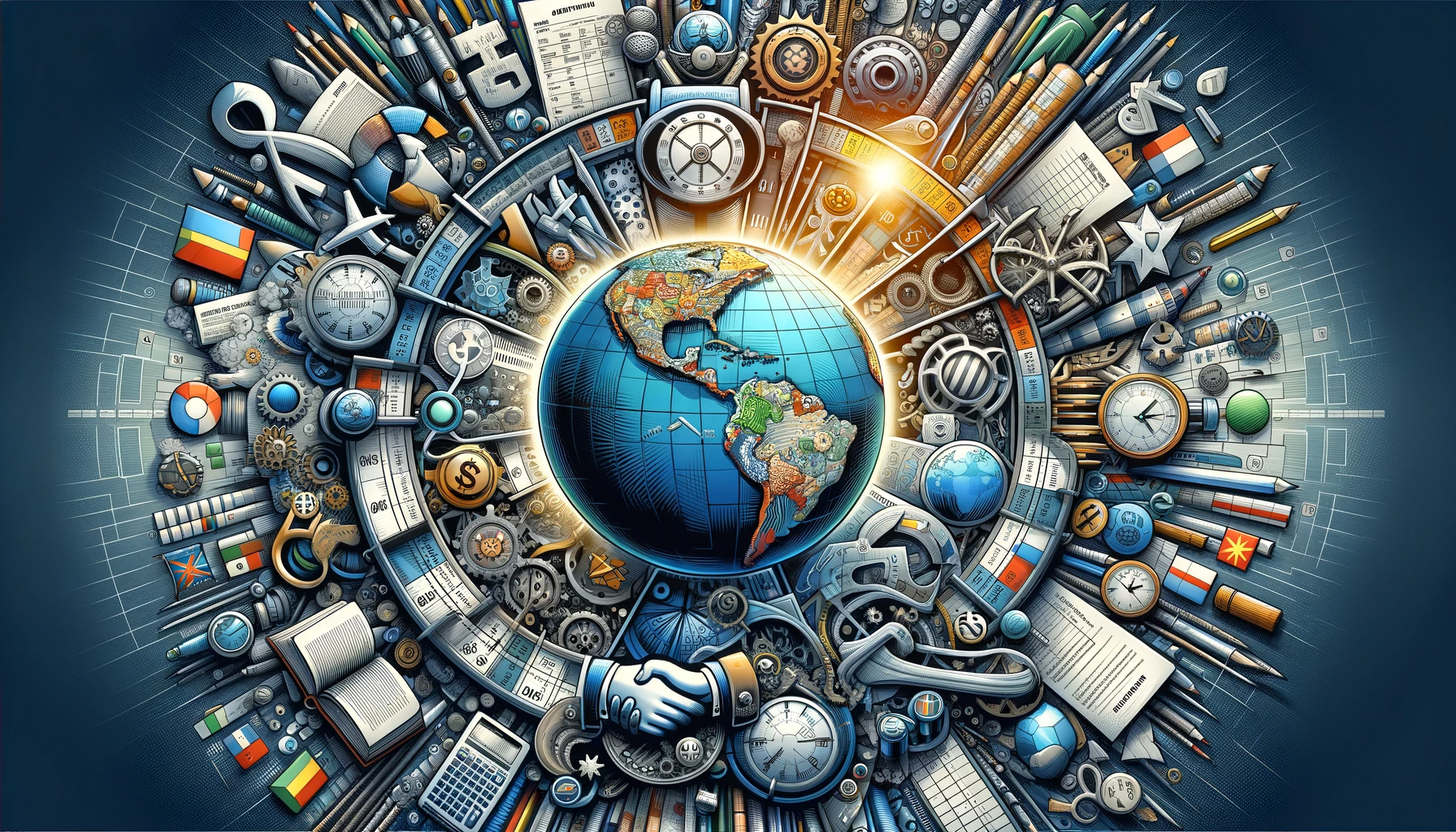 An artistic representation of the world of accounting standards and rules, showcasing a globe surrounded by various symbols representing international